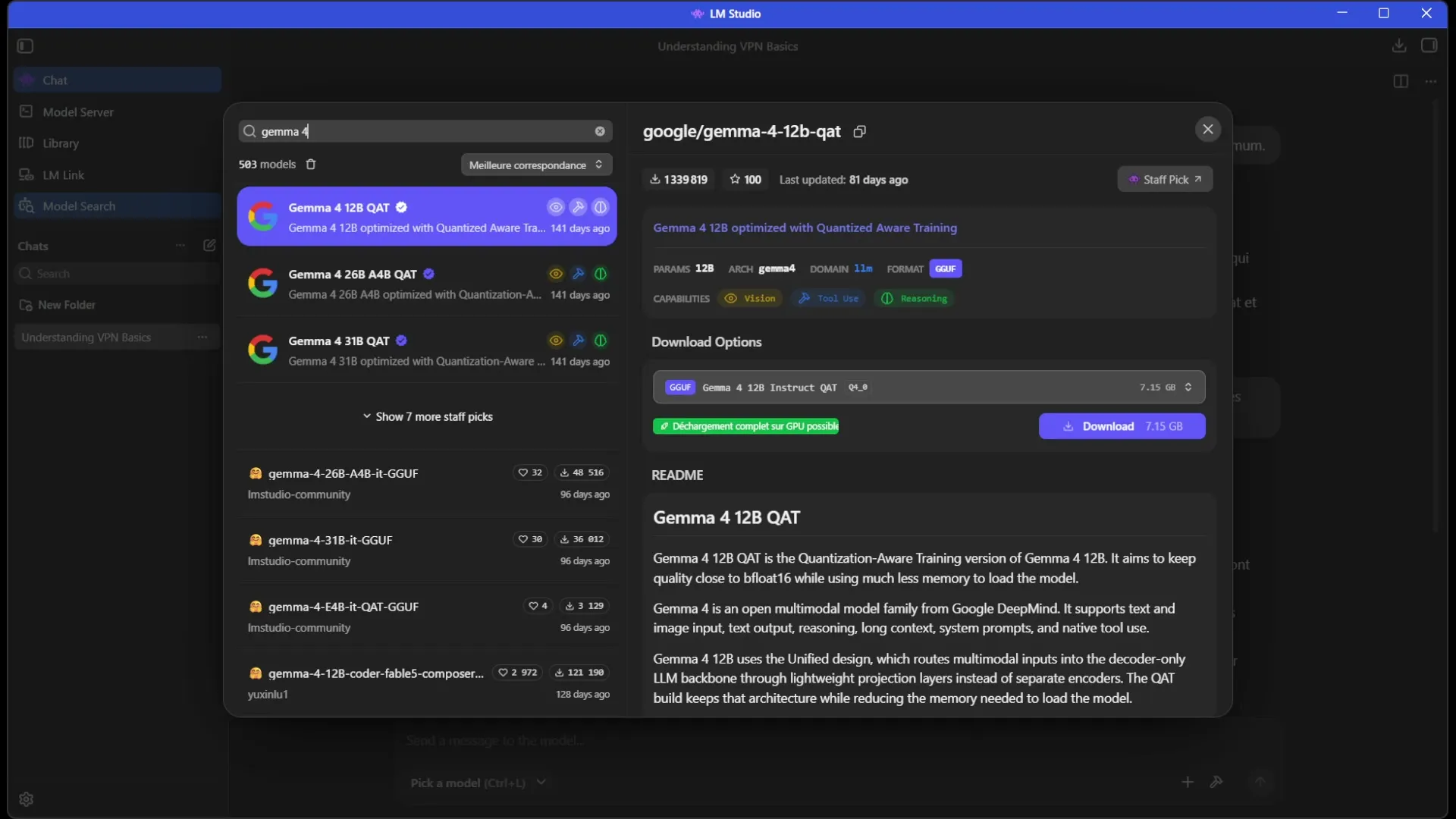 Recherche de modèles dans LM Studio : Gemma 4 12B QAT avec la mention Déchargement complet sur GPU possible